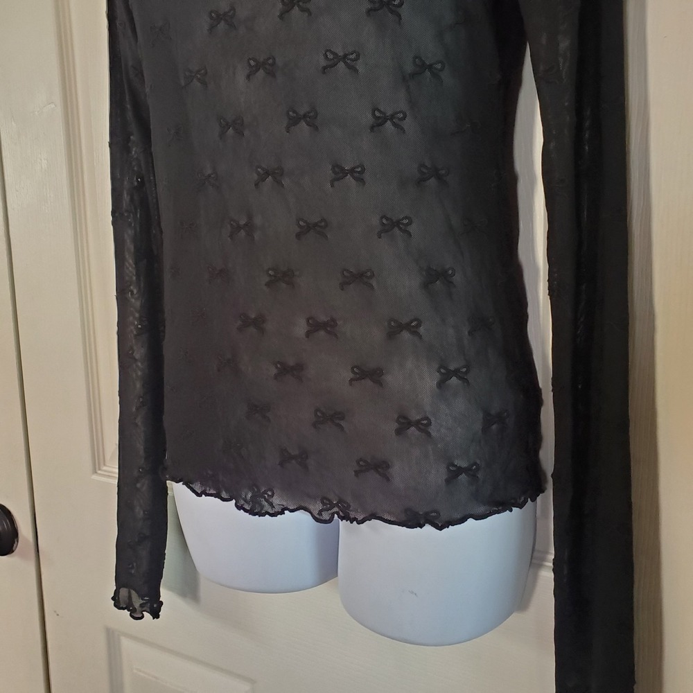 American Eagle Long Sleeves Mock-Neck Mesh Bow Blouse Sheer Goth Fairy Witchy M - Picture 3 of 10